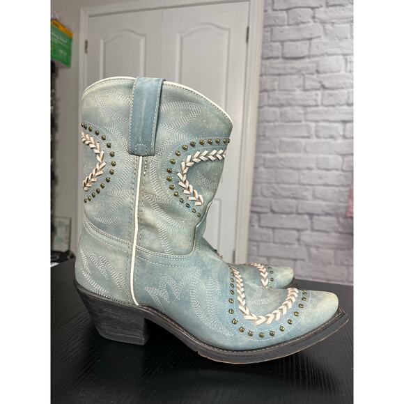 Laredo Fancy Leather Coastal Cowgirl Western Snip Toe Boots in Light Blue - Picture 8 of 11